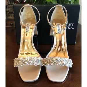 BADGLEY MISCHKA - L Sz 9.5 Teela Satin & Leather Embellished Heeled Sandals NWT!